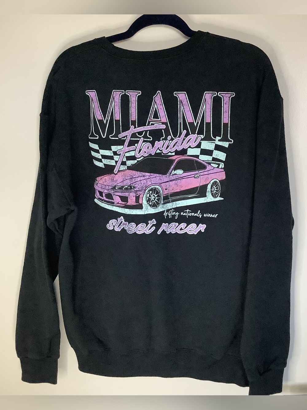 Bowery Supply Co. Black Crewneck Sweater with Pink Miami Street Racer Graphic